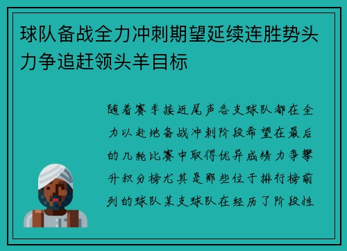 球队备战全力冲刺期望延续连胜势头力争追赶领头羊目标